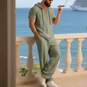 Completo casual in lino verde salvia da uomo con felpa a maniche corte e pantaloni traspiranti