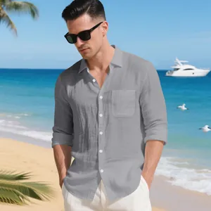 Camicia da spiaggia da uomo in lino grigio a maniche lunghe con colletto e taschino