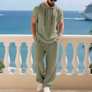 Set estivo da uomo in lino traspirante con felpa a maniche corte e pantaloni lunghi