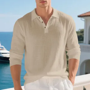 Men's long-sleeve linen polo shirt in beige featuring a breathable texture and buttoned lapel