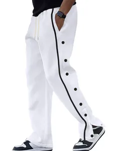 Pantalon Homme Décontracté à Boutons-pression Rayures Latérales Fendu Jambe Droite Cordon de Serrage à la Taille Streetwear Athlétique