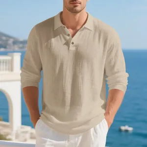 Men's beige linen long-sleeve polo shirt featuring a buttoned lapel in a resort style