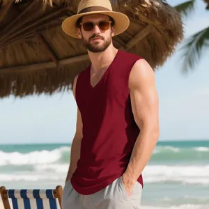 Close-up of red men's V-neck quick-dry muscle training vest worn on a sunny beach