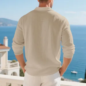 Back view of men's beige linen long sleeve polo shirt for breathable casual summer vacation