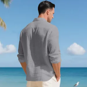 Vista posteriore di una camicia casual in lino grigio a maniche lunghe da uomo