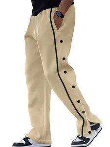 Pantalon de sport kaki pour homme à coupe droite avec boutons-pression latéraux et rayures