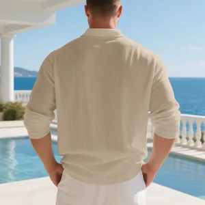 Back view detail of a men's breathable beige linen long sleeve casual polo shirt