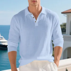 Detailed texture of men's light blue breathable linen long-sleeve polo shirt