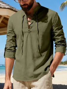 Men's olive green cotton linen Henley shirt with lace-up neck and beach casual style
