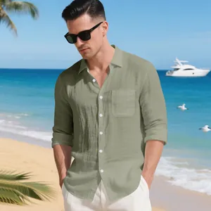 Camicia da spiaggia casual da uomo in lino a maniche lunghe con elegante colletto a revers