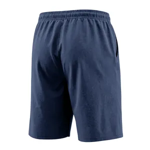 Detailed back view of navy blue men's linen casual shorts with elastic waistband.
