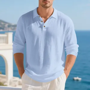 Men's light blue linen long sleeve polo shirt with breathable fabric and buttoned collar.
