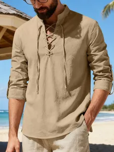 Men's cotton linen Henley shirt with lace-up neck in beige for beach casual style