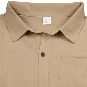 Detailed close-up of a men's beige breathable linen shirt collar and neck size tag