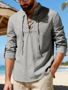 Men's grey linen cotton Henley shirt with lace-up collar in casual beach style