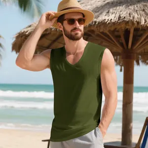 Close-up of olive green men's V-neck quick-dry tank top for summer sports training