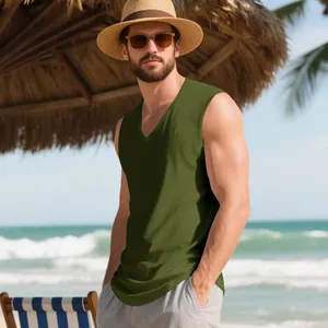 Sporty olive green V-neck muscle tank top for men featuring breathable quick-dry fabric