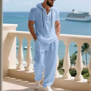 Completo casual in lino da uomo con maglia con cappuccio e pantaloni larghi da mare