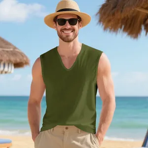 Men's stylish olive green V-neck sleeveless tank top for summer beach and casual wear