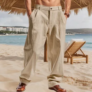 Pantaloni casual da uomo in lino traspirante kaki vestibilità ampia stile spiaggia