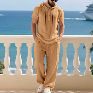 Set casual da uomo in lino traspirante con felpa a maniche corte e pantaloni da mare