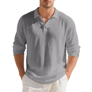 Casual men's loose fit grey cotton linen long sleeve polo shirt with classic buttons