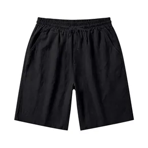 Close-up detail view of men's black linen casual shorts featuring adjustable drawstring.