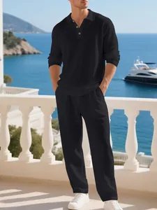 Men's breathable black linen casual set with long sleeve polo shirt and loose pants