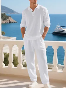 Men's breathable white linen casual set with long sleeve polo shirt and trousers