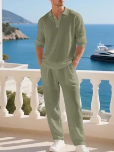 Men's breathable sage green linen 2-piece set with long sleeve polo shirt and pants