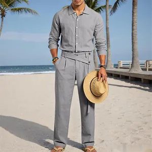 Ensemble chemise et pantalon en lin gris pour hommes, idéal pour les vacances à la plage