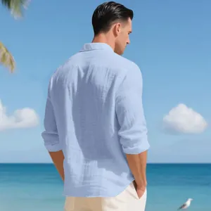 Vista posteriore di una camicia in lino azzurra casual da uomo per vacanze al mare.