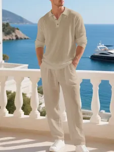 Men's beige linen lounge set with long-sleeve polo shirt and loose pants