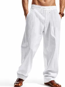 Men Loose Casual Linen Straight Leg Pants Hip Hop Beach Sport Trousers Drawstring Waist Breathable Bottom For Men