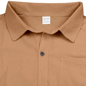 Macro detail of men's casual linen shirt collar with fabric composition tag