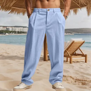 Pantaloni casual in lino traspirante celeste da uomo con design a gamba dritta per ufficio