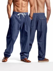 Men's loose linen casual pants with drawstring waist for summer beach and daily wear