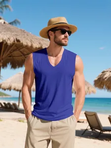 Men's blue V-neck quick-dry muscle tank top designed for summer sports and gym training