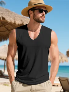 Men's black V-neck muscle tank top for summer beach casual and athletic training wear