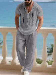 Set casual in lino da uomo con maglia con cappuccio traspirante e pantaloni lunghi