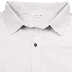 Close-up view of white linen-blend shirt collar showing breathable fabric texture