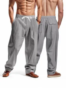 Men's loose grey linen casual pants with drawstring waist and straight leg design
