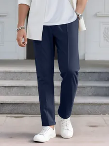 Men's slim-fit business casual navy trousers in imitation cotton twill fabric