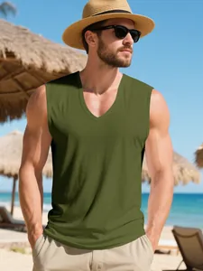 Men's olive green V-neck muscle tank top for summer outdoor beach activities