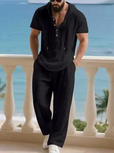 Completo estivo da uomo in lino nero con cappuccio e pantaloni per spiaggia e relax