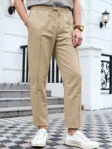 Men's khaki slim-fit business casual pants with comfortable drawstring elastic waist