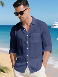 Camicia da uomo in lino a maniche lunghe blu navy per la spiaggia con taschino unico