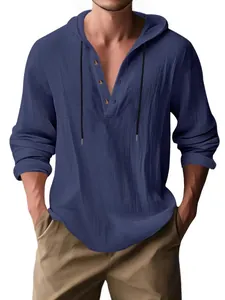 Premium men's casual loose fit long sleeve linen hooded shirt in deep navy blue color