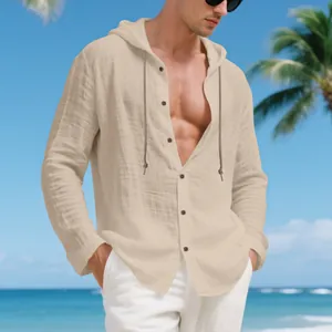 Close-up of men's apricot linen hooded shirt with buttons at a tropical beach