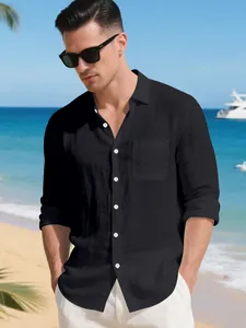 Elegante camicia da spiaggia in lino nero da uomo con maniche lunghe e colletto a revers